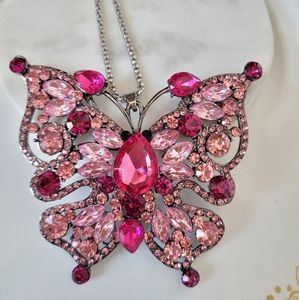 Jumbo Pink Butterfly Crystals Necklace NWT